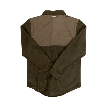 A solid olive colored Flannel Button Up shirt with a collar, long sleeves, and a front pocket.