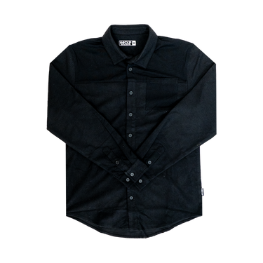 A solid black long-sleeved flannel button-up shirt.