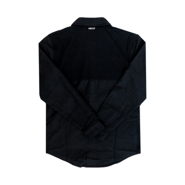 A solid black long-sleeved flannel button-up shirt.