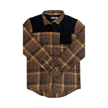 A long-sleeved Flannel Button Up shirt in brown and tan plaid pattern with a solid black panel across the shoulders.