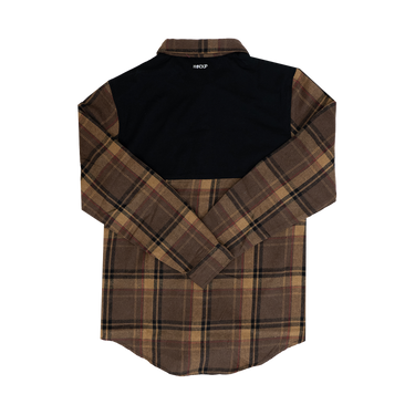 A long-sleeved Flannel Button Up shirt in brown and tan plaid pattern with a solid black panel across the shoulders.