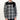 A long-sleeved Flannel Button Up shirt with a checkered pattern in black, gray, and white, featuring a solid black panel across the top shoulders.