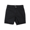 A pair of pure black stretch jorts for women, displaying a mid-waist rise and a raw denim finish at the bottom.