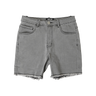 A pair of faded grey jorts with a frayed hemline.