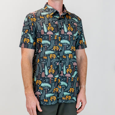 forest patterned button up tech shirt