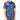 Person wearing a blue patterned shirt with orange and white designs on a white background