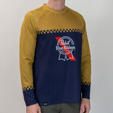 Long-sleeve vented cycling jersey with Pabst Blue Ribbon logo on a plain background