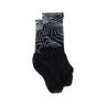 A black sock with a white topo map design on the cuff.