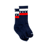 A pair of socks with a patriotic design featuring red, white, and blue colors and stars.