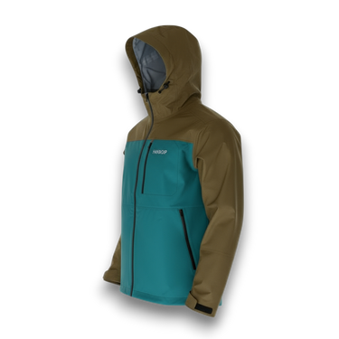 Two-tone jacket with teal front panel and brown sleeves on a white background