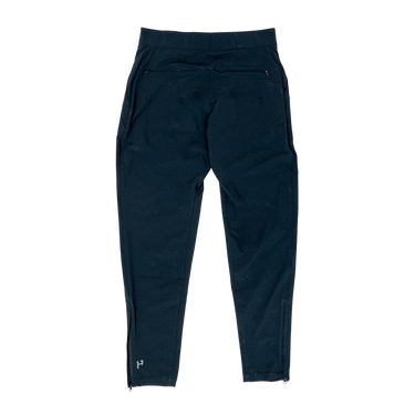A pair of black mountain bike pants with multiple pockets and a branded buckle.