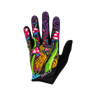 A pair of vibrant, multicolored bicycle gloves featuring a geometric pattern with prominent purple, green, and black colors.