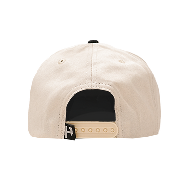 Beige cap with a brand logo on the back against a white background