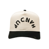 White and black cap with text on a white background