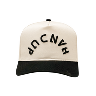 White and black cap with text on a white background