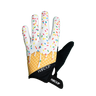 A pair of youth gloves with a colorful ice cream cone design and sprinkles, predominantly yellow and white, with black accents.