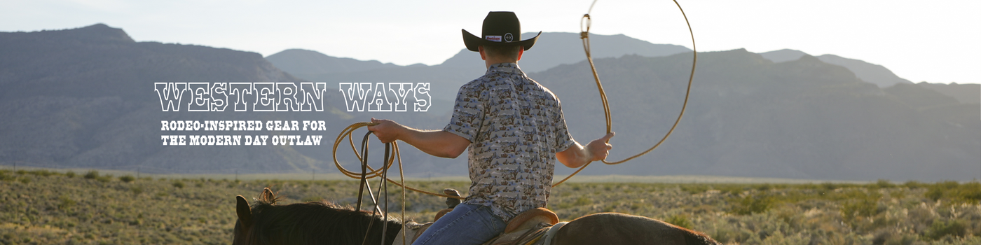 Man on horseback with a lasso in a desert landscape with mountains, featuring 'Western Ways' branding.