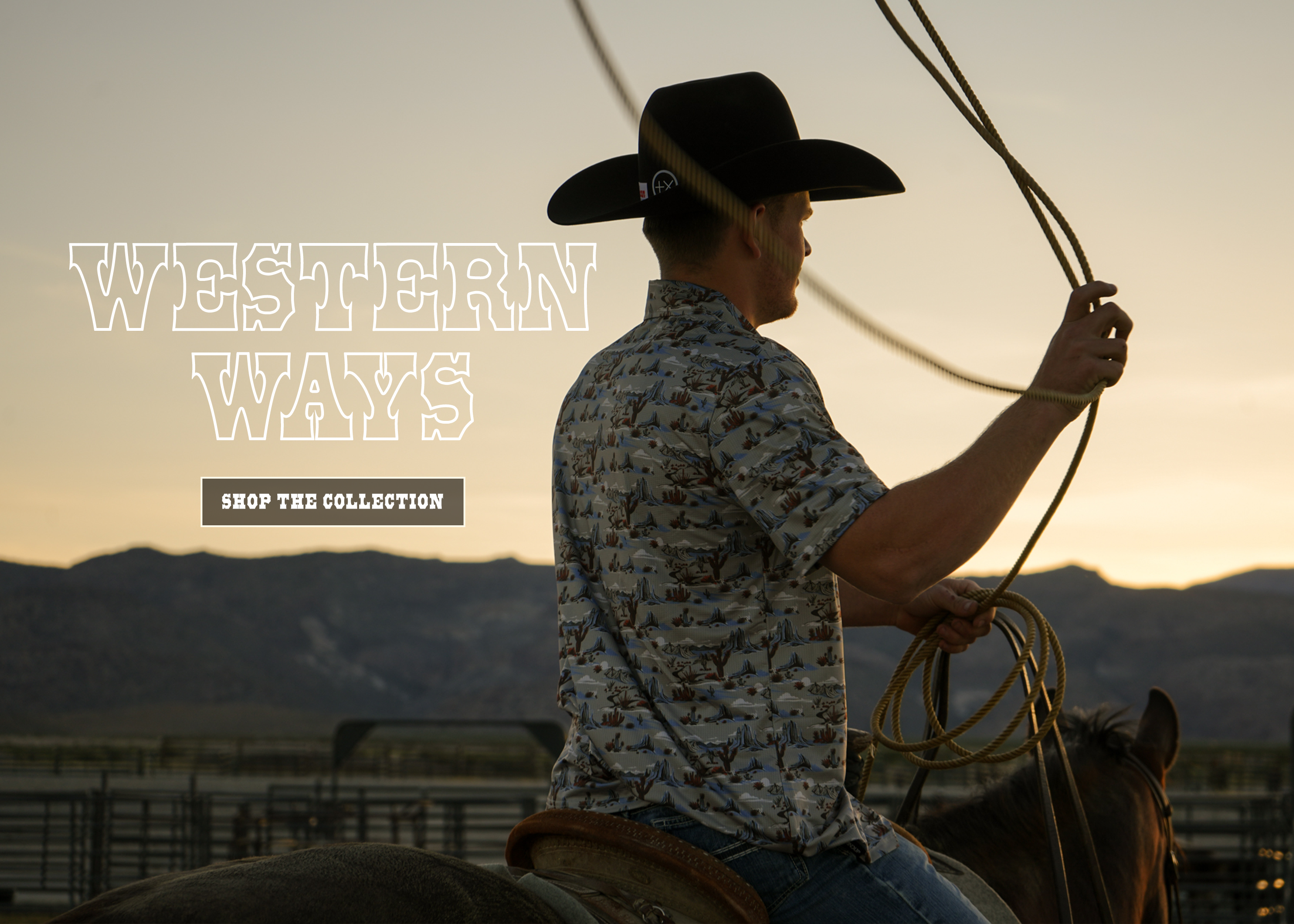 A cowboy wearing a black wide-brim hat and a blue-and-white patterned short-sleeve shirt rides a horse at sunset, holding a lasso. Large text on the left reads 'WESTERN WAYS' with 'SHOP THE COLLECTION' below.