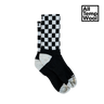 Black and white checkered sock with 'All Temp Wool' branding on a white background