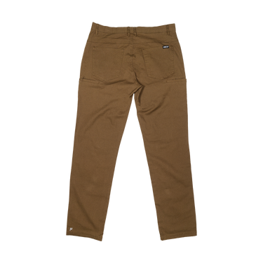 A pair of brown pants shown from the back, featuring a classic five-pocket design and a small black brand tag on the upper right side, laid flat against a white background.