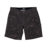 A pair of dark charcoal and black cargo shorts with a distressed, mottled paint-splatter pattern, featuring a button closure and side cargo pockets, shown flat on a white background.