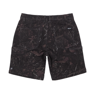 Black camouflage cargo shorts with a subtle brown and gray woodland camo pattern, featuring a back pocket design and a small white logo on the left pocket.