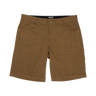 A pair of brown cargo shorts with a black waistband and a metal button closure, shown flat on a white background.