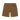 A pair of brown cargo shorts with a black waistband and a metal button closure, shown flat on a white background.