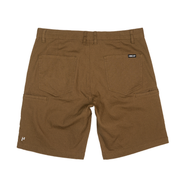 Brown cargo shorts shown from the back, featuring two large back patch pockets, a zippered side pocket, and a small black brand tag on the upper right side.