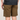 A close-up of a person wearing brown cargo shorts and a black t-shirt, shown from the waist down against a light gray background.