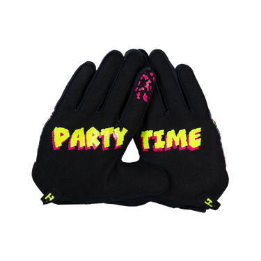 Black gloves with 'PARTY TIME' text on a white background