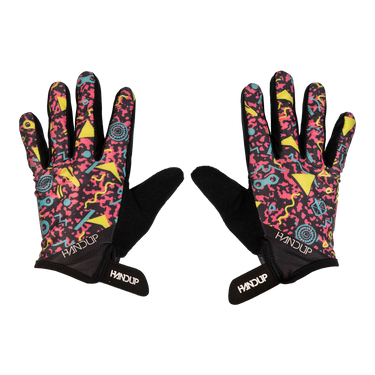 Pair of colorful gloves with black accents on a white background