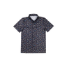 button up shirt with a dinosaur and UFO pattern on dark blue fabric with a white background