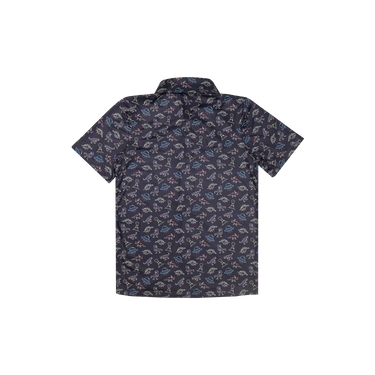 button up shirt with a dinosaur and UFO pattern on dark blue fabric with a white background