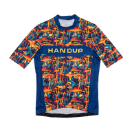 Colorful mushroom-patterned shirt with 'HANDUP' branding on a white background