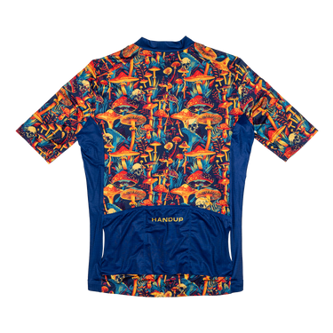 Colorful mushroom-patterned shirt with blue base on a white background
