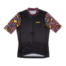 Black cycling jersey with colorful sleeves and 'Handup' branding on a white background