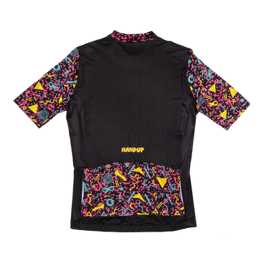 Black cycling jersey with colorful patterns on sleeves and pockets, featuring the brand 'Handup'.