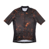 Black and orange patterned cycling jersey on a white background