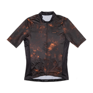 Black and orange patterned cycling jersey on a white background