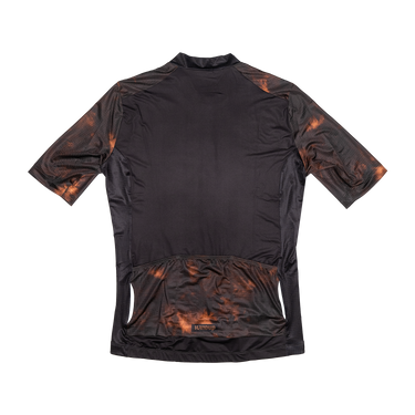 Black athletic shirt with orange flame pattern on a white background