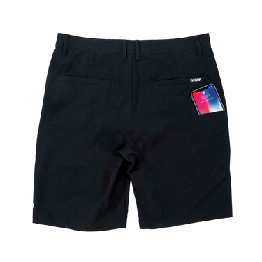Black shorts with a brand logo on a white background