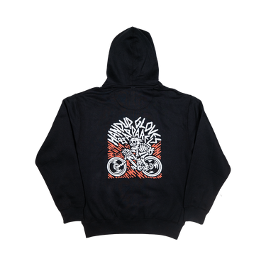 Black hoodie with a graphic design on the back against a white background