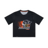 Black t-shirt with graphic design on a white background