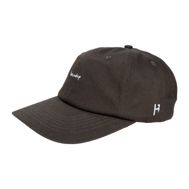 Dark brown cap with white branding on a white background