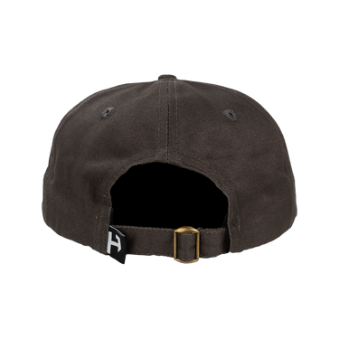 Dark gray cap with a brand logo on the back against a white background