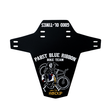 Black mudguard with Pabst Blue Ribbon Bike Team design on a white background