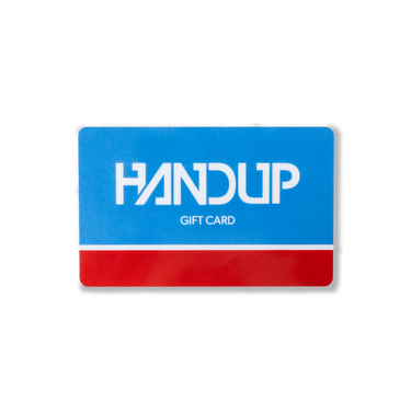 Blue and red gift card with 'HANDUP' branding on a white background