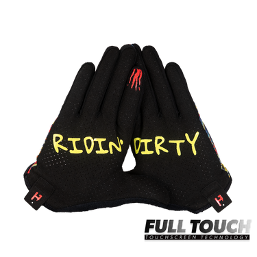 Black gloves with 'RIDIN' DIRTY' text on a white background, featuring Full Touch touchscreen technology branding.