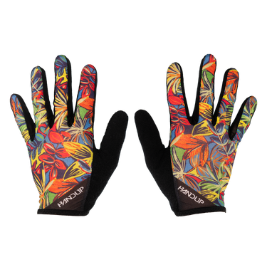 Colorful gloves with floral pattern and black accents on a white background